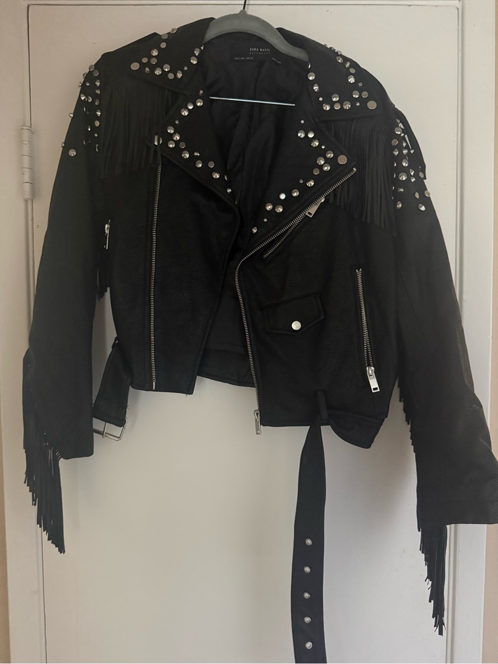 Zara Black Studded Fringe pleather Moto Jacket